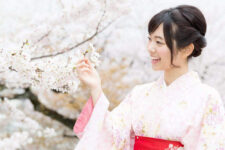 A Japanese woman wearing kimono looking cherry blossoms = Shutterstock