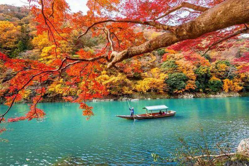 Arashiyama in autumn season along the river in Kyoto, Japan = Shatterstock