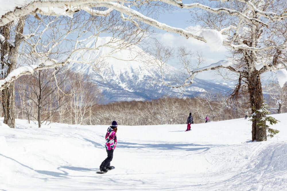 General view of people snowboarding on a tree-lined piste in the Niseko Grand Hirafu ski resort, Hokkaido, Japan = Shutterstock