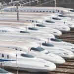 Shinkansen bullet trains lined up at Torikai rail yard, Osaka, Japan =Shutterstock