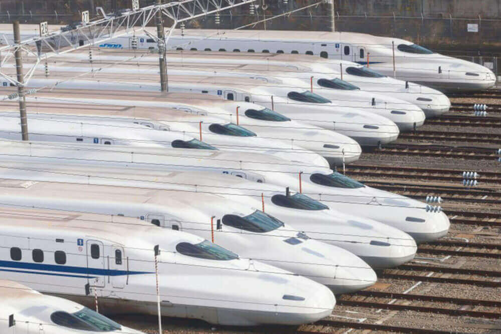 Shinkansen bullet trains lined up at Torikai rail yard, Osaka, Japan =Shutterstock