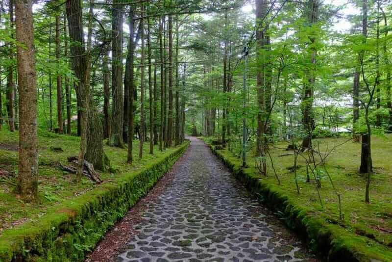 Cobbled pathway often known as 'Happy Valley', Karuizawa, Nagano, Japan