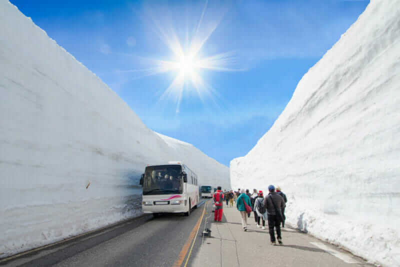 The snow mountains wall of Tateyama Kurobe alpine with blue sky background is one of the most important and popular natural place in Toyama Prefecture, Japan.