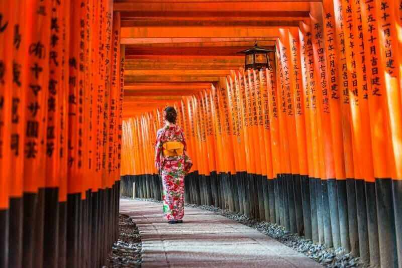 Women in kimono walking at Red Torii gates in Fushimi Inari shrine, one of famous landmarks in Kyoto, Japan = shutterstock