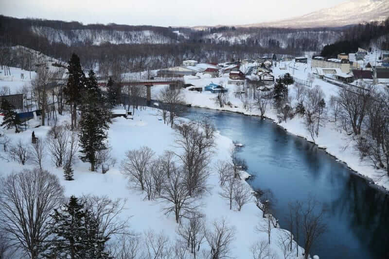 Afternoon view on snow tree, river and house at niseko station = shutterstock