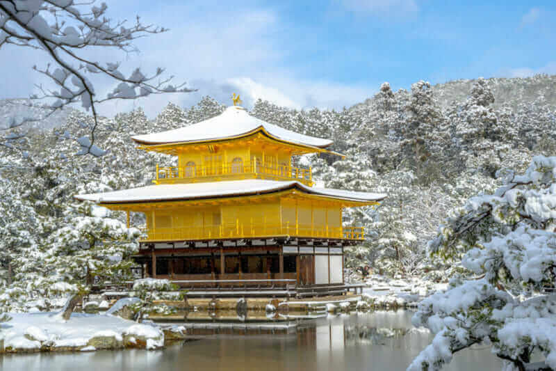 The Golden Pavilion (Kinkakuji) with snow in Winter Season