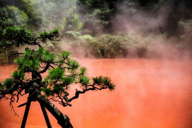 Chinoike Jigoku in Beppu, Japan. “Blood pond hell”, Chinoike Jigoku is called “blood pond hell” because of the red color of the water that emerges from the red clay = shutterstock