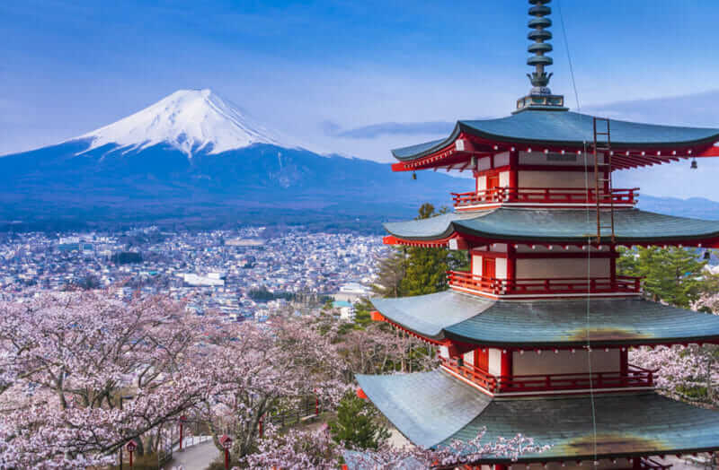 Red Pagoda with Mt Fuji on the background = shutterstock