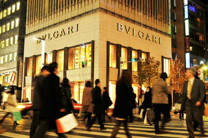 Bvlgari store in Ginza, one of the most luxurious shopping district in the world. There are many luxury brand shops in Ginza. = shutterstock