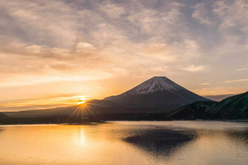 Lake Motosu and Mount Fuji at early morning in winter season. Lake Motosu is the westernmost of the Fuji Five Lakes and located in southern Yamanashi Prefecture near Mount Fuji, Japan = shutterstock