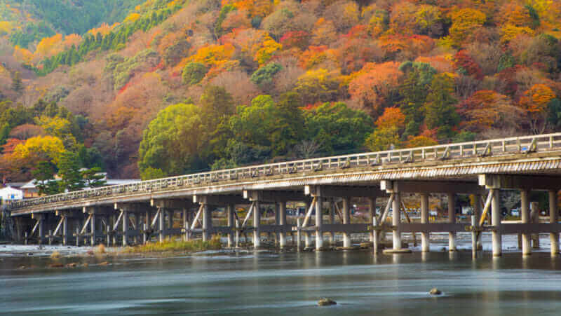 Togetsukyo is a 155-meter bridge over the Katsura River flowing leisurely in Saga Arashiyama in Autumn, Kyoto, japan = shutterstock