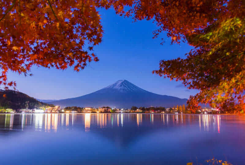 Lake Kawaguchiko , Colorful Autumn Season and Mountain Fuji with morning fog and red leaves at lake Kawaguchiko, Japan = shutterstock_759980281
