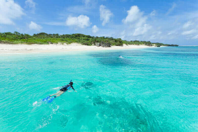 Snorkeling in clear blue water of tropical island, Yaeyama Islands, Okinawa, Japan = shutterstock