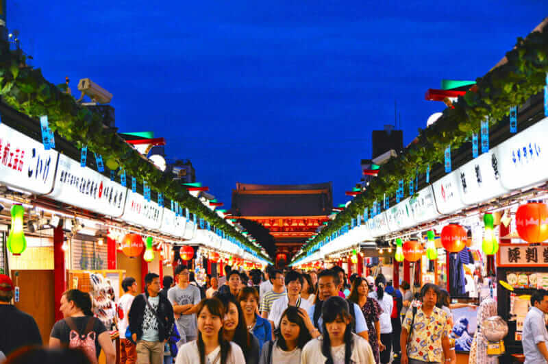 Night scene with Tourists enjoying at Nakamise shopping street in Asakusa connect to Sensoji Temple in Asakusa, one of the most popular places in Tokyo = shutterstock