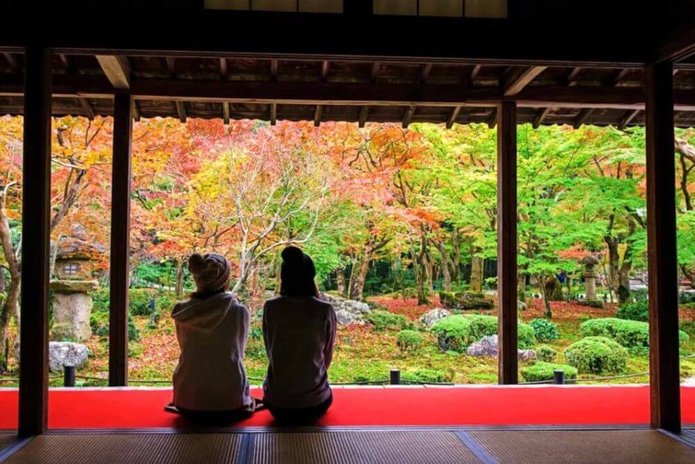 Two young Japanese girls sit on red carpet floor to see and enjoy Autumn colorful foliage Japanese garden at Enkoji temple, Kyoto, Japan. Here is Rinzai Zen Sect and very famous during fall season = shutterstock