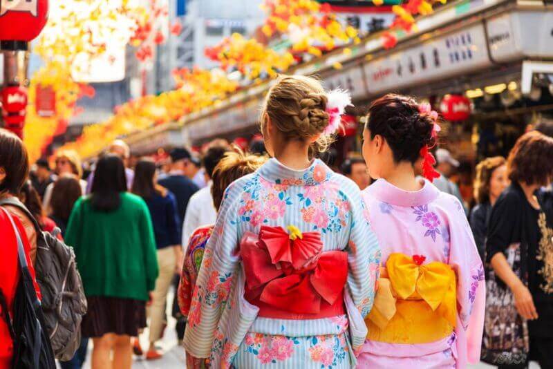 unidentified foreigner tourist wearing kimono, the national tradition costume of Japan walking at Sensoji temple the famous temple in Tokyo, Japan = shutterstock