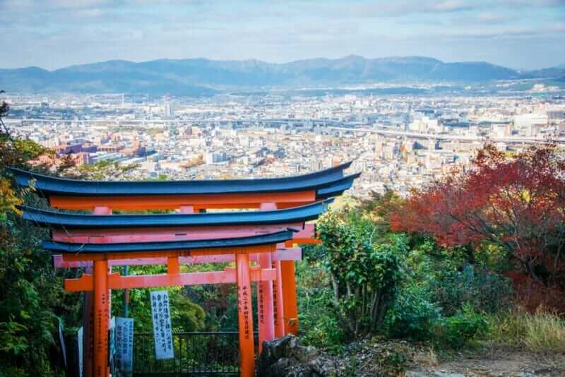 View over Kyoto city from the top of the hill at Fushimi Inari shrine = shutterstock