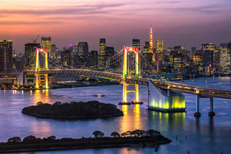 Beautiful night view of Tokyo Bay , Rainbow bridge and Tokyo Tower landmark Twilight scene, Odaiba, Tokyo = shutterstock