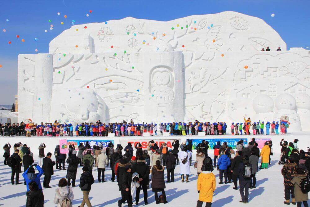At the Asahikawa Winter Festival, very large snow statues are displayed, Hokkaido, Japan