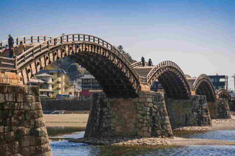 Kintaikyo Bridge at Iwakuni, Yamagushi, Japan. It is a wooden bridge with sequential arches = shutterstock