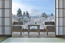 Beautiful Mt.Fuji view at window resort near Kawaguchiko lake at Japan. winter, Travel, Vacation and Holiday in Japan = shutterstock