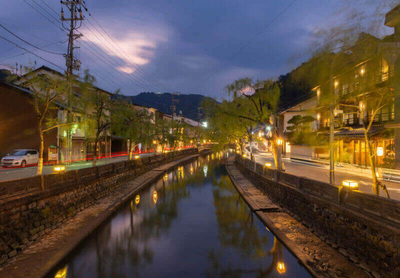 Trees at Night with Reflection on the Canal, Kinosaki onsen, Japan = shutterstock