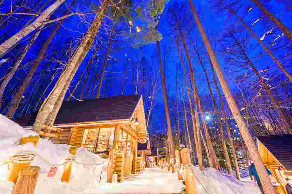 FEBRUARY 15, 2017: Ningle Terrace at twilight. The collection of cottages situated in the woods are boutique shops specializing in handmade craft items, Furano, Hokkaido = Shutterstock