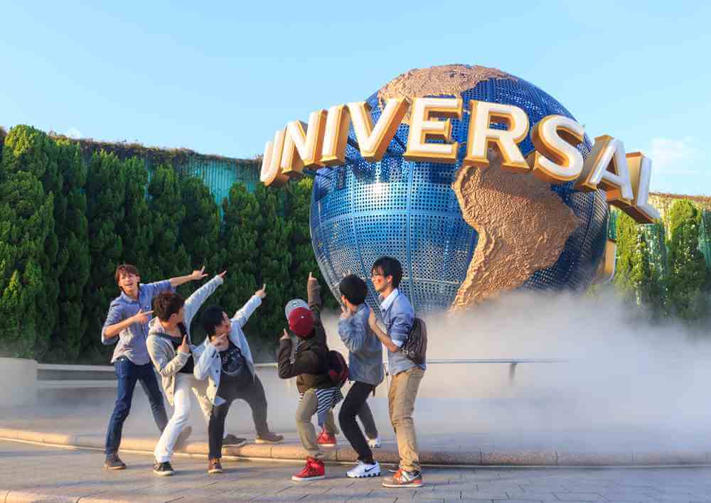 April 27, 2015: Tourists and Universal Globe outside the Universal Studios Theme Park in Osaka, Japan = Shutterstock