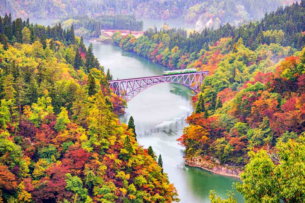 The JR Tadami Line in autumn, Fukushima Prefecture = Shutterstock