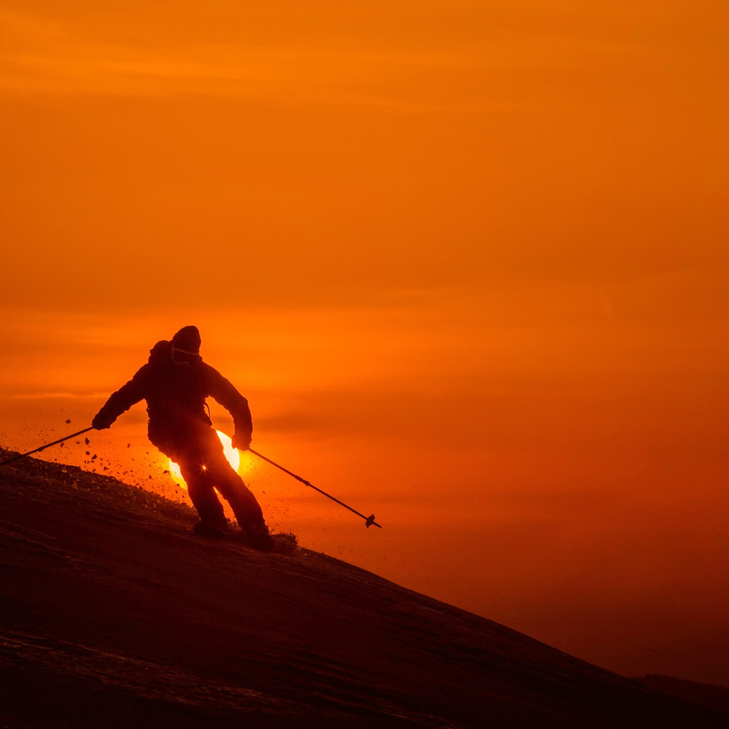 Unrecognizable skier shredding the fresh untouched snow on the steep hill at sunset. Breathtaking shot of extreme pro skier speeding down the snowy mountain on a beautiful evening in Niseko = Shutterstock