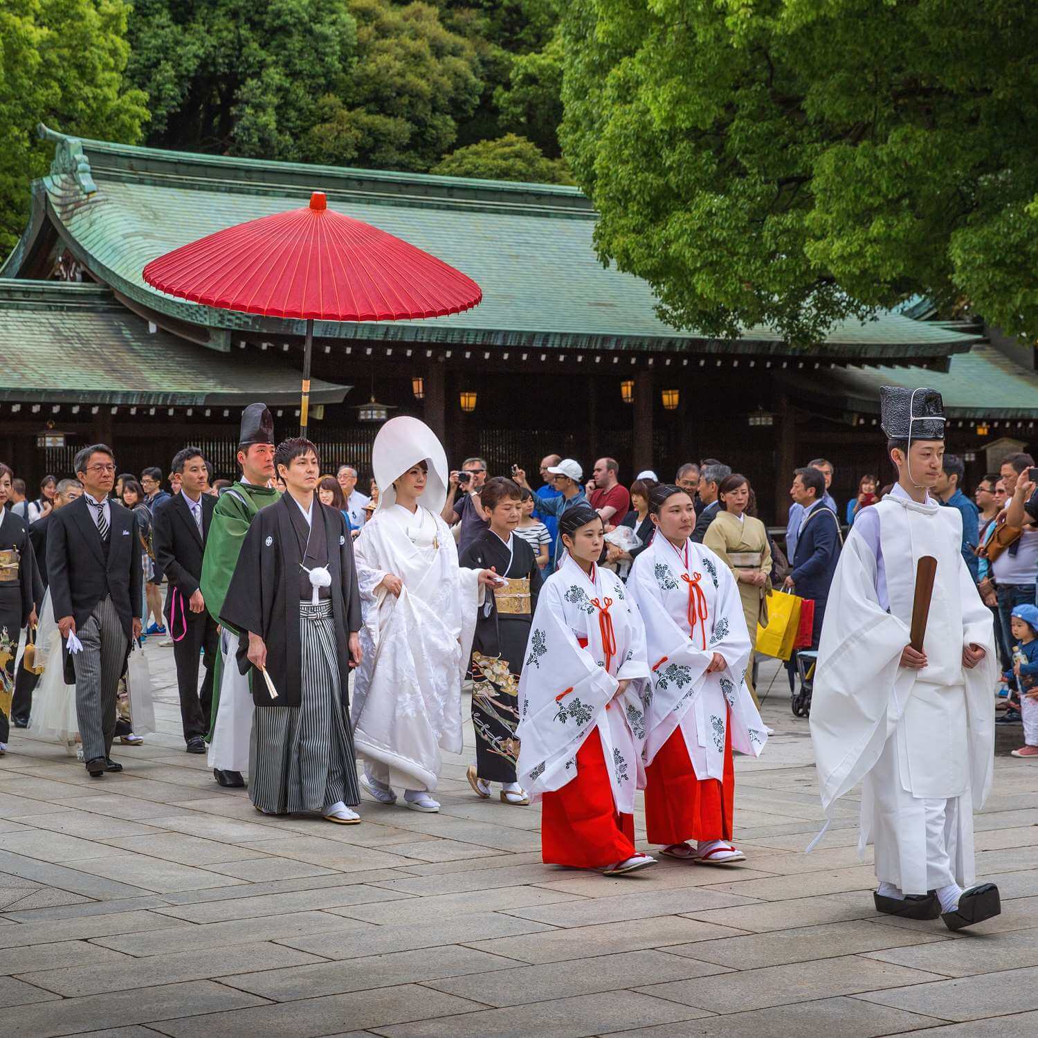 Wedding parties and family members parade through the inner ground of the Meiji Jingu Shrine, Tokyo = Shutterstock