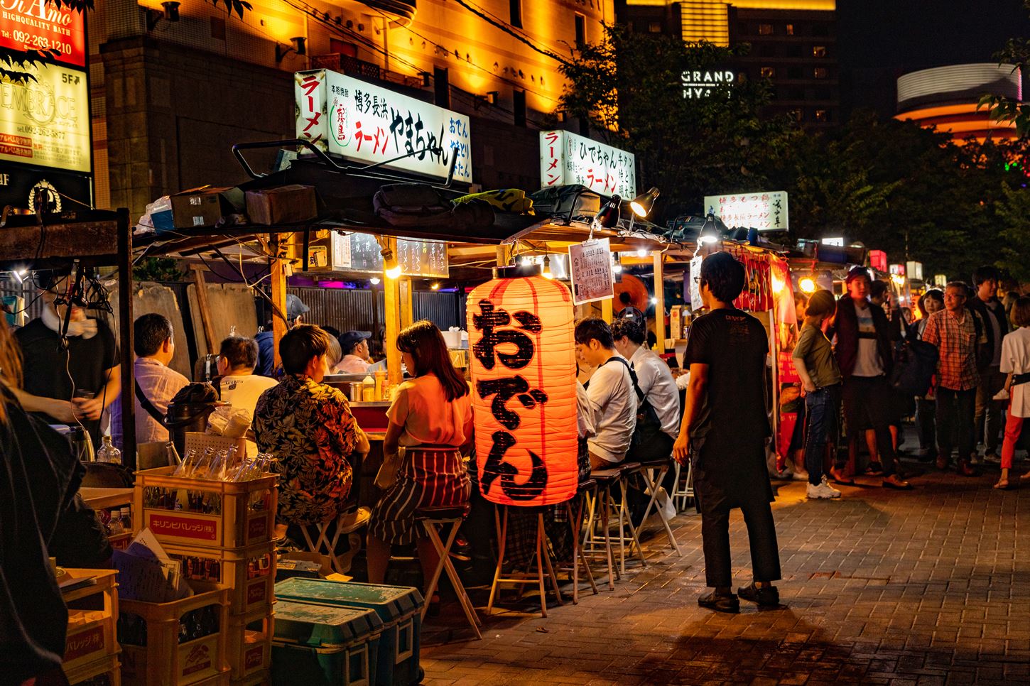 FUKUOKA, JAPAN. 2019 JULY 6th. Yatai Food Stand, Along Nakasu Riverside and street = Shutterstock